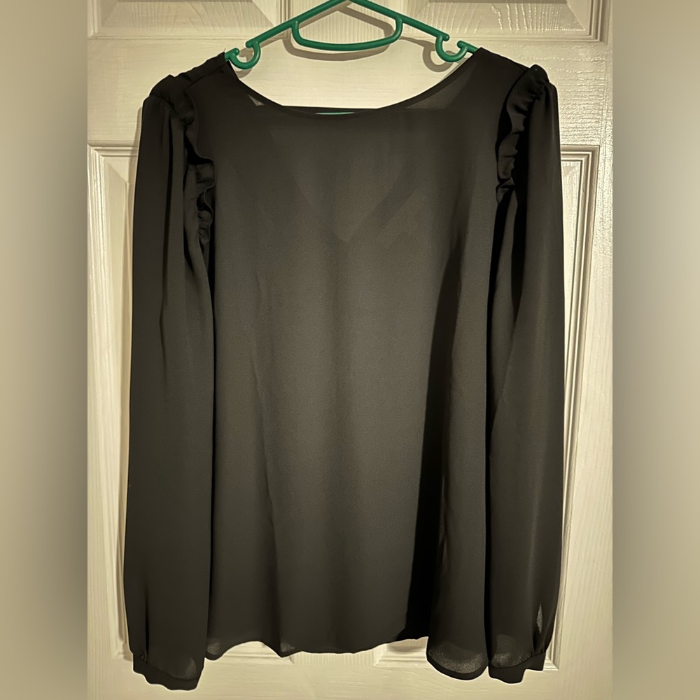 Loft long sleeved top with ruffle at shoulder and v-neck back